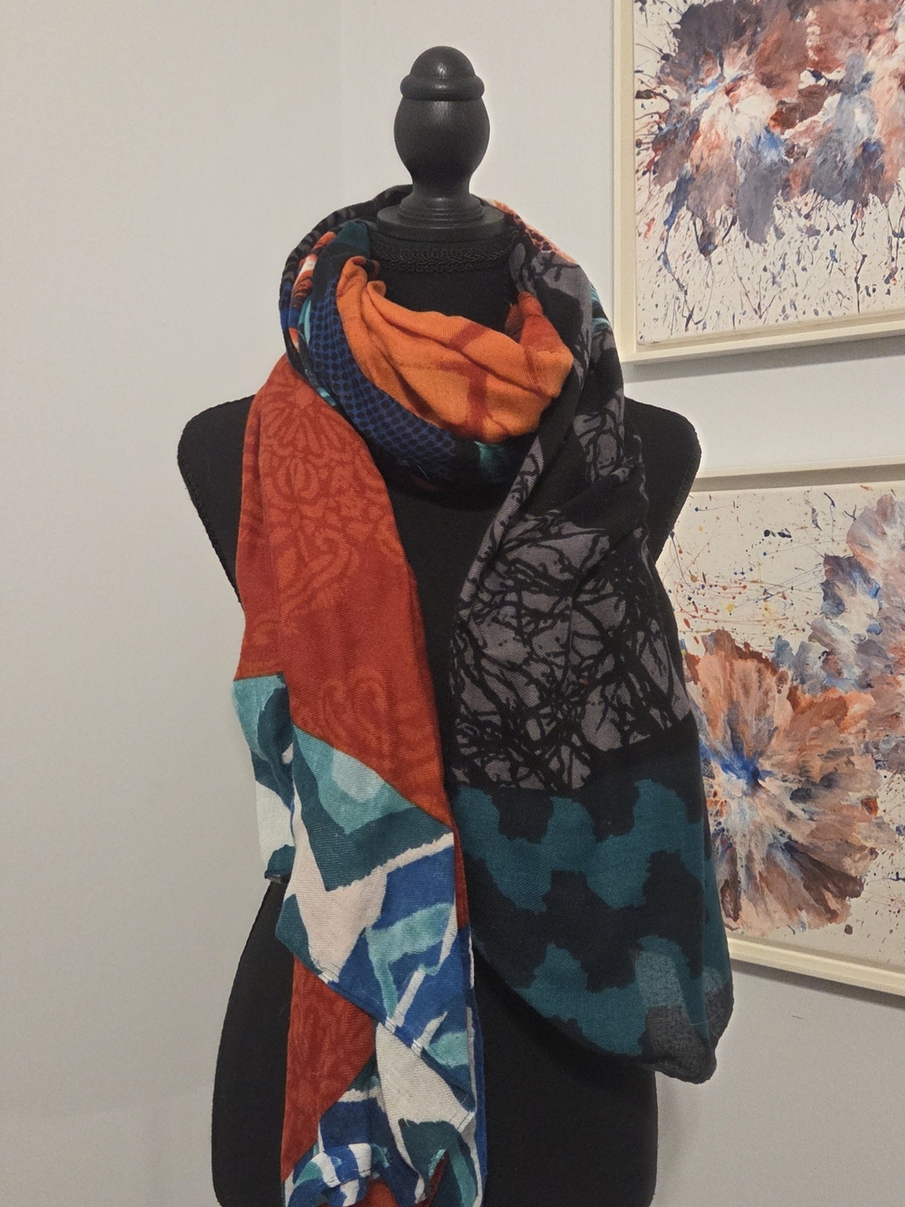 Colorblock Patterned Scarf in Orange, Teal, Black, Gray, White